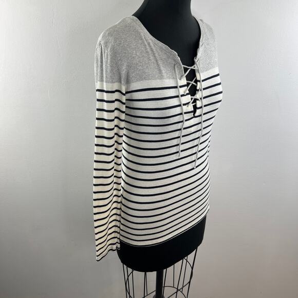 MAJESTIC FILATURES Lace Up Gray Deluxe Tee Shirt Long Sleeve Stripe Size 1 RARE - Picture 5 of 10